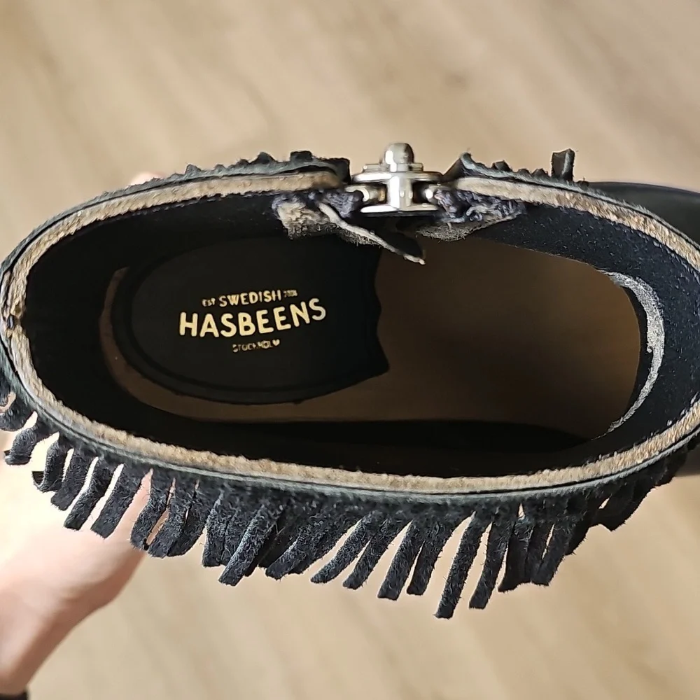 Swedish Hasbeens Black Ankle Boots with Fringe Size 37 - Picture 2 of 7